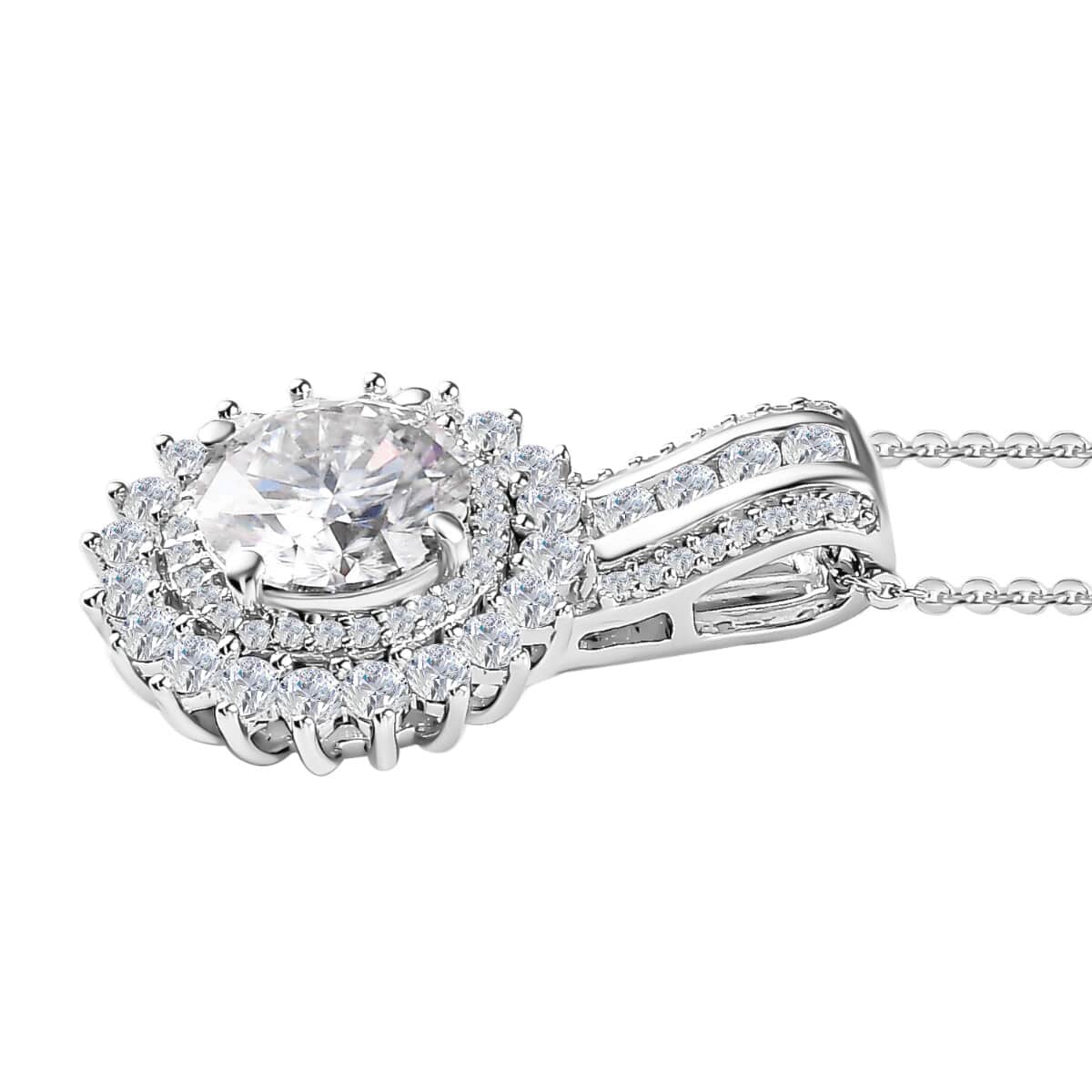 Moissanite Double Halo Pendant Necklace 20 Inches in Platinum Over Sterling Silver 2.15 ctw image number 3