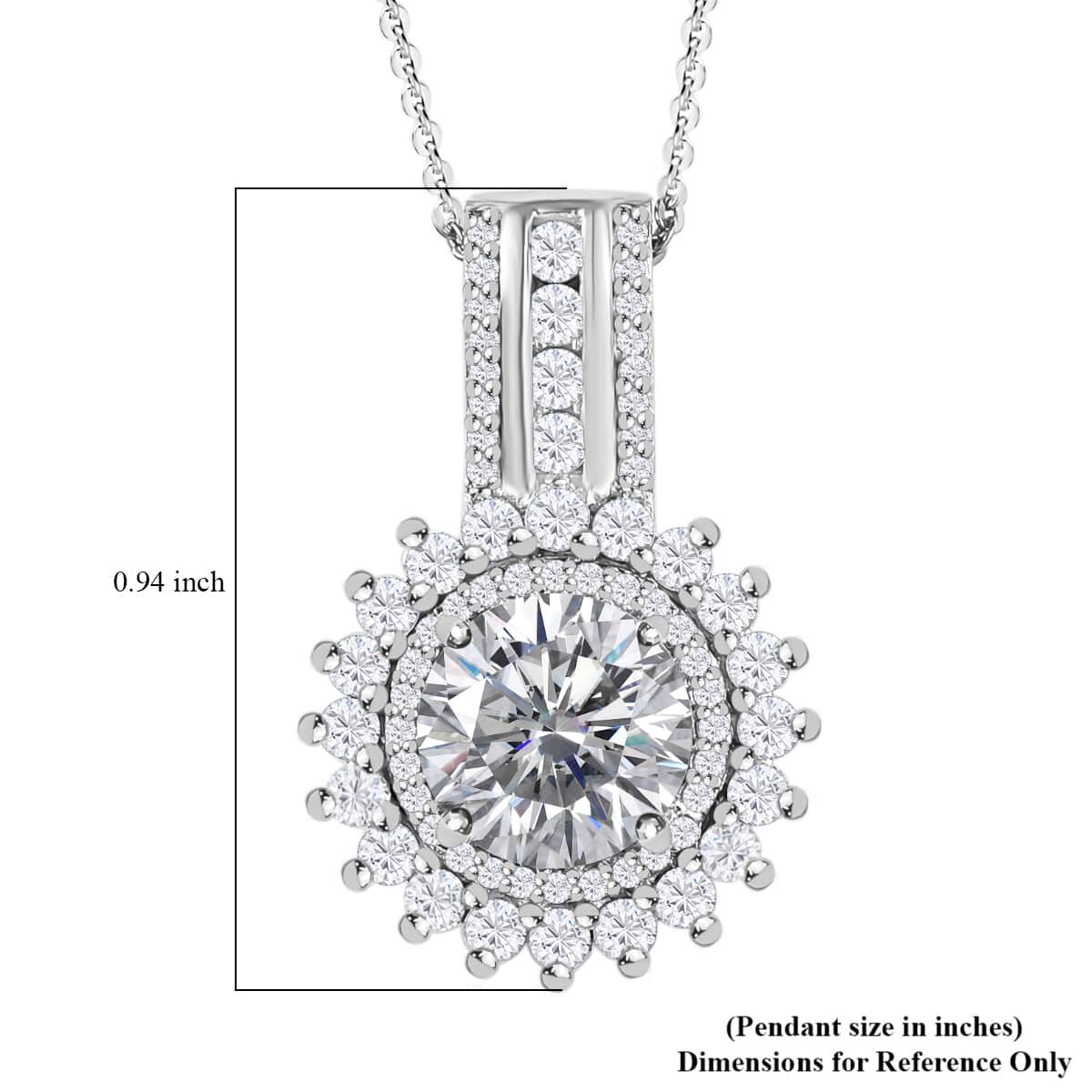 Moissanite Double Halo Pendant Necklace 20 Inches in Platinum Over Sterling Silver 2.15 ctw image number 6