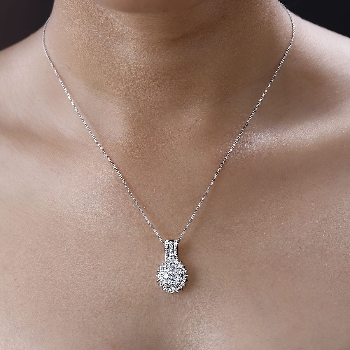 Moissanite Double Halo Pendant Necklace 20 Inches in Platinum Over Sterling Silver 2.50 ctw image number 2