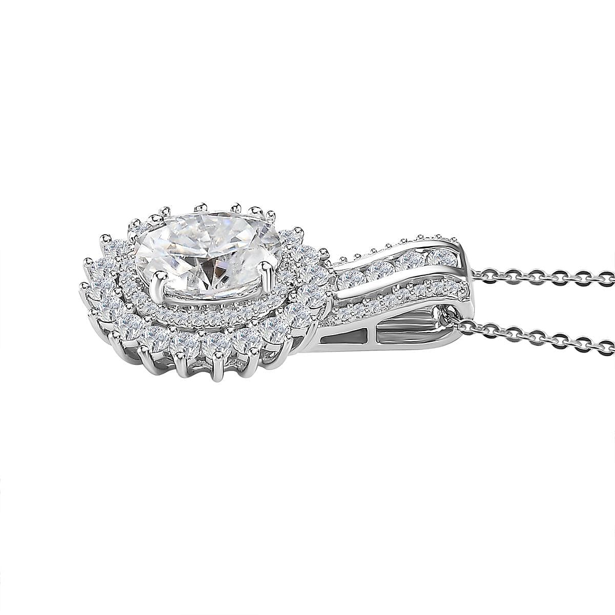 Moissanite Double Halo Pendant Necklace 20 Inches in Platinum Over Sterling Silver 2.50 ctw image number 3