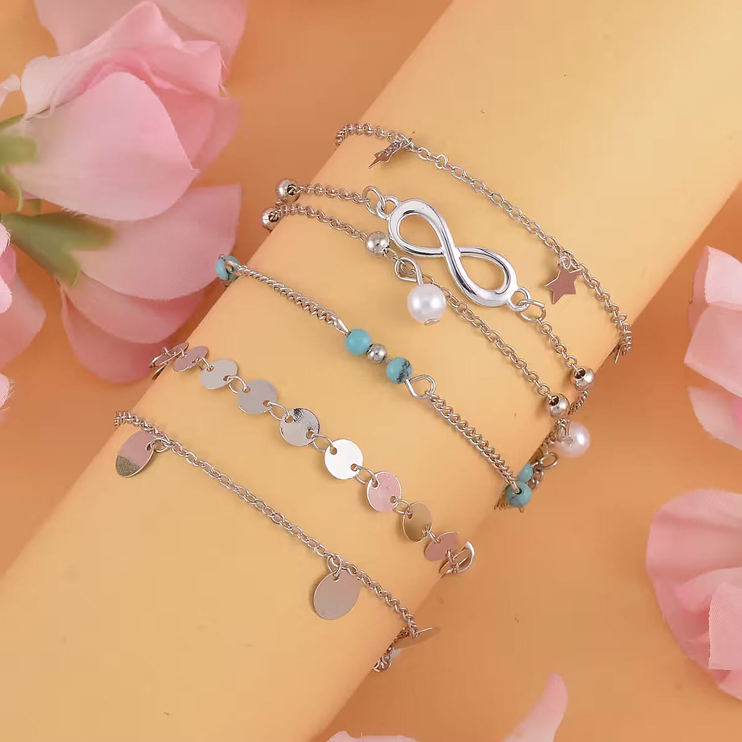 Set of 5 Constituted Blue Howlite, Simulated Pearl Charm Bracelet Extended to Anklet (9-11 In) in Silvertone 0.80 ctw