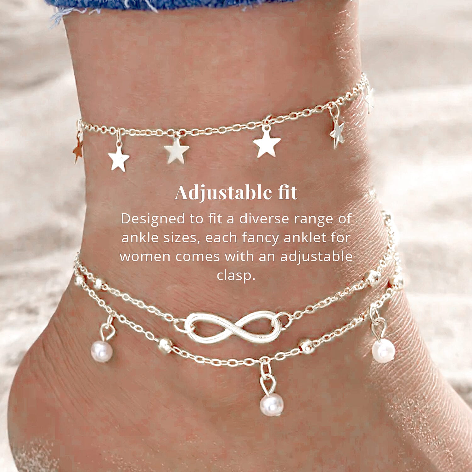 Set of 5 Constituted Blue Howlite, Simulated Pearl Charm Bracelet Extended to Anklet (9-11 In) in Silvertone 0.80 ctw