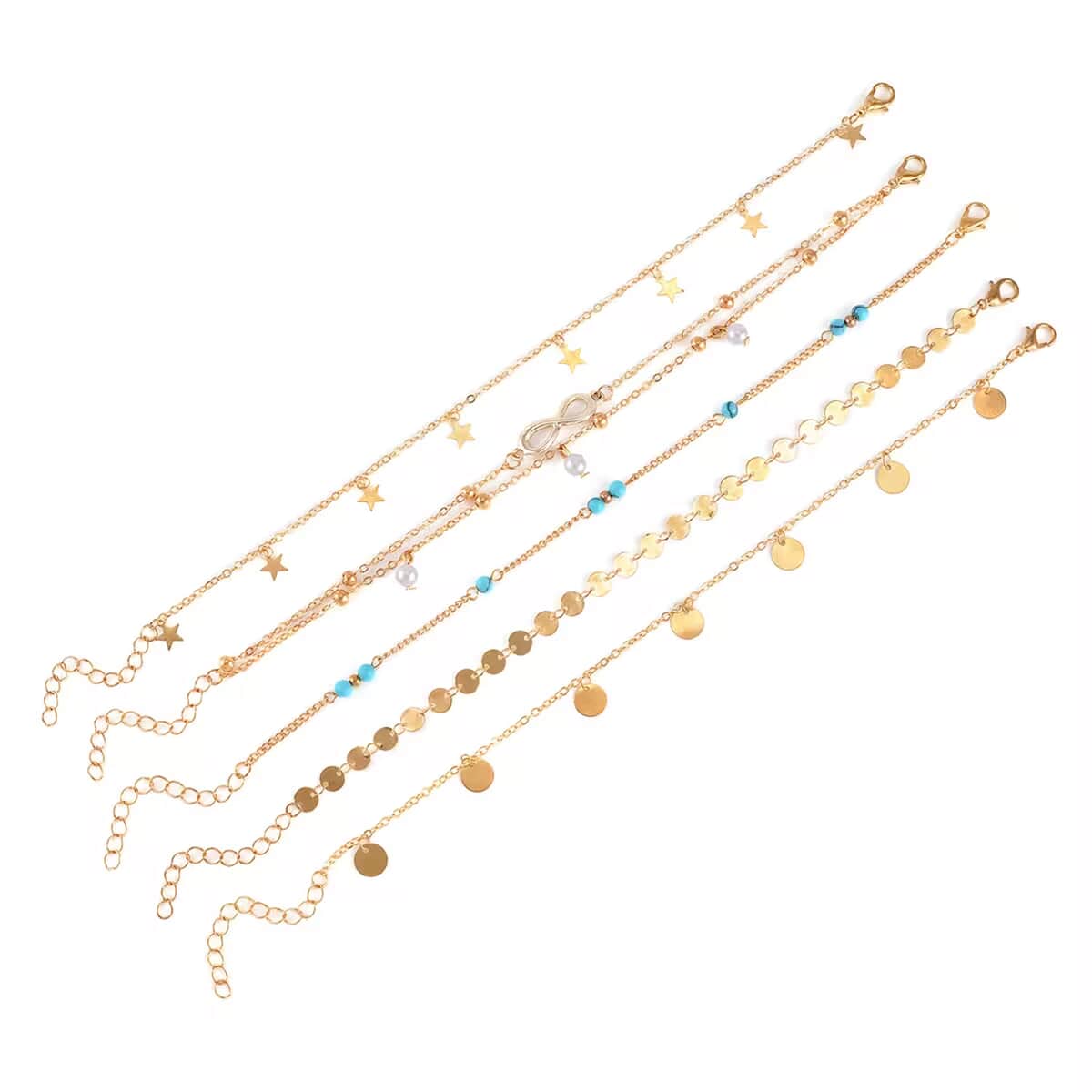 Set of 5 Blue Howlite, Simulated Pearl Charm Bracelet Extended to Anklet (9-11 In) in Goldtone 0.80 ctw image number 0