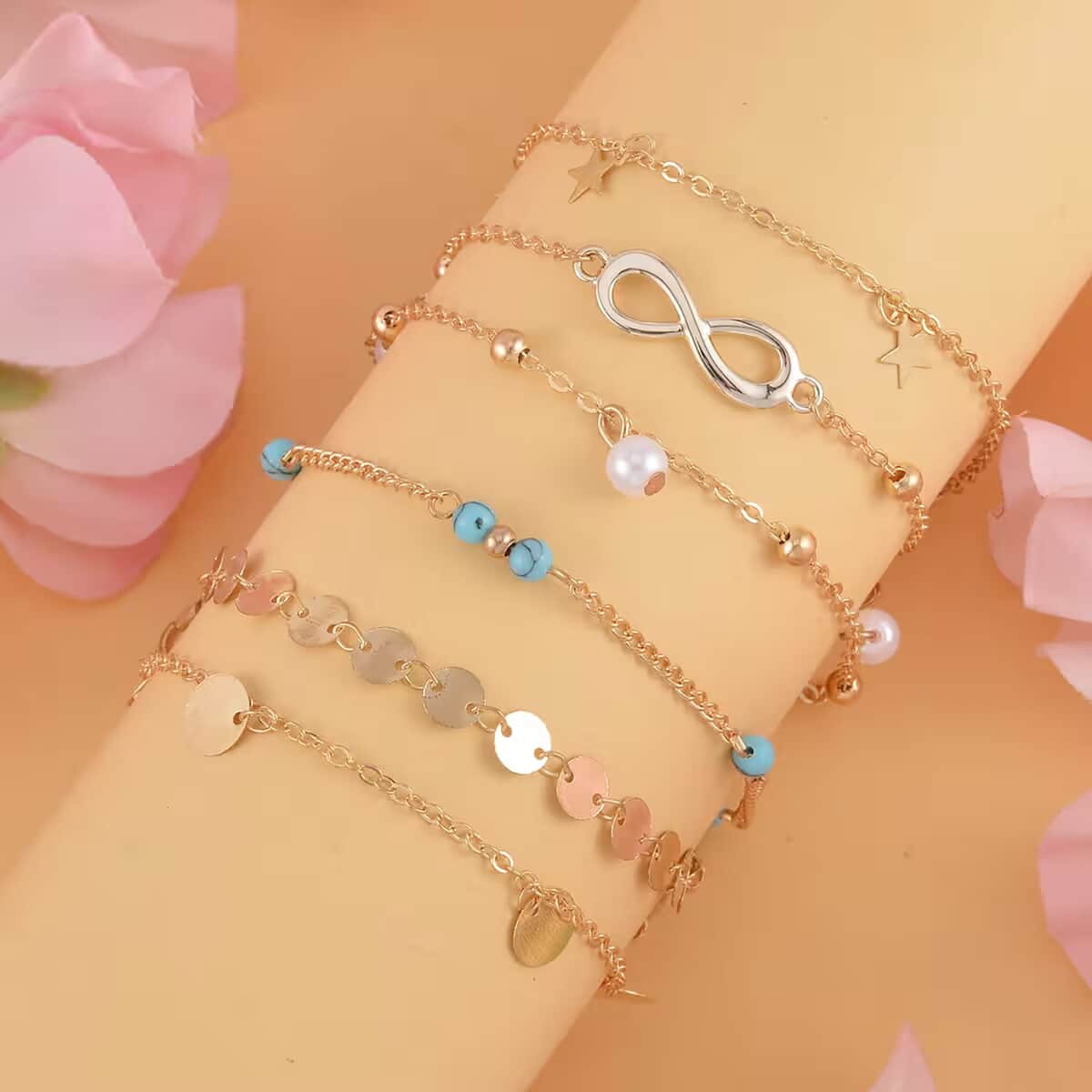 Set of 5 Blue Howlite, Simulated Pearl Charm Bracelet Extended to Anklet (9-11 In) in Goldtone 0.80 ctw image number 1