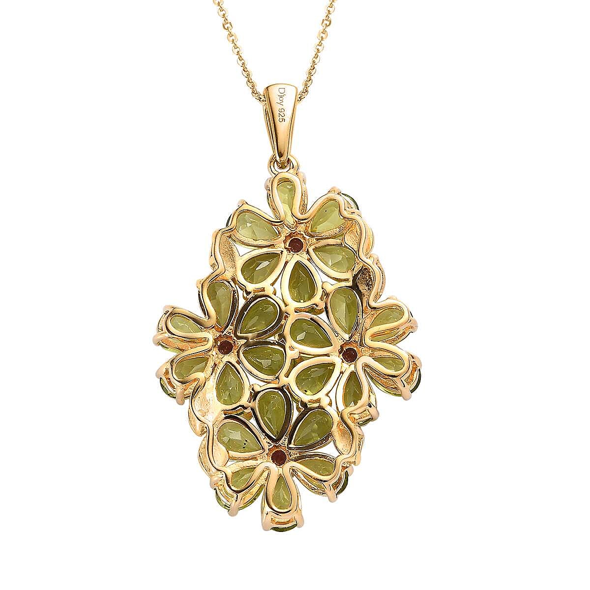 Premium Peridot and Orissa Rhodolite Garnet Floral Pendant Necklace 20 Inches in Vermeil Yellow Gold Over Sterling Silver 10.25 ctw