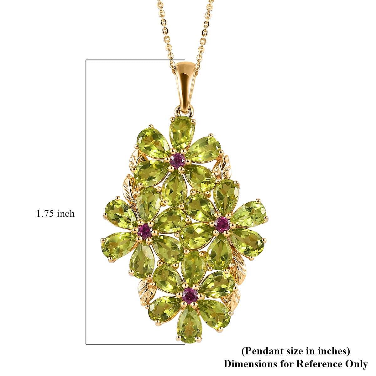 Premium Peridot and Orissa Rhodolite Garnet Floral Pendant Necklace 20 Inches in Vermeil Yellow Gold Over Sterling Silver 10.25 ctw