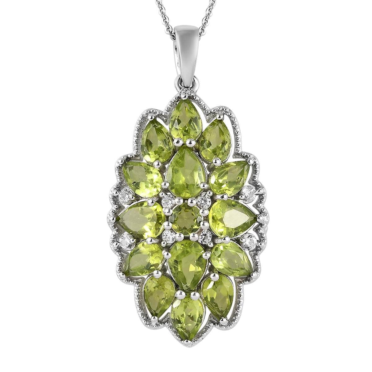 Premium Peridot and White Zircon Floral Pendant Necklace 20 Inches in Platinum Over Sterling Silver 7.85 ctw image number 0