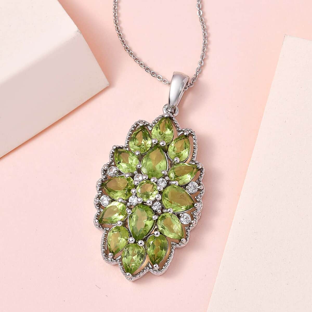 Premium Peridot and White Zircon Floral Pendant Necklace 20 Inches in Platinum Over Sterling Silver 7.85 ctw image number 1