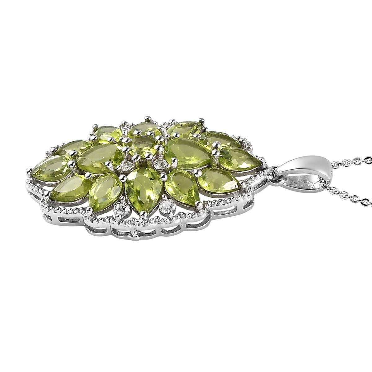 Premium Peridot and White Zircon Floral Pendant Necklace 20 Inches in Platinum Over Sterling Silver 7.85 ctw image number 3