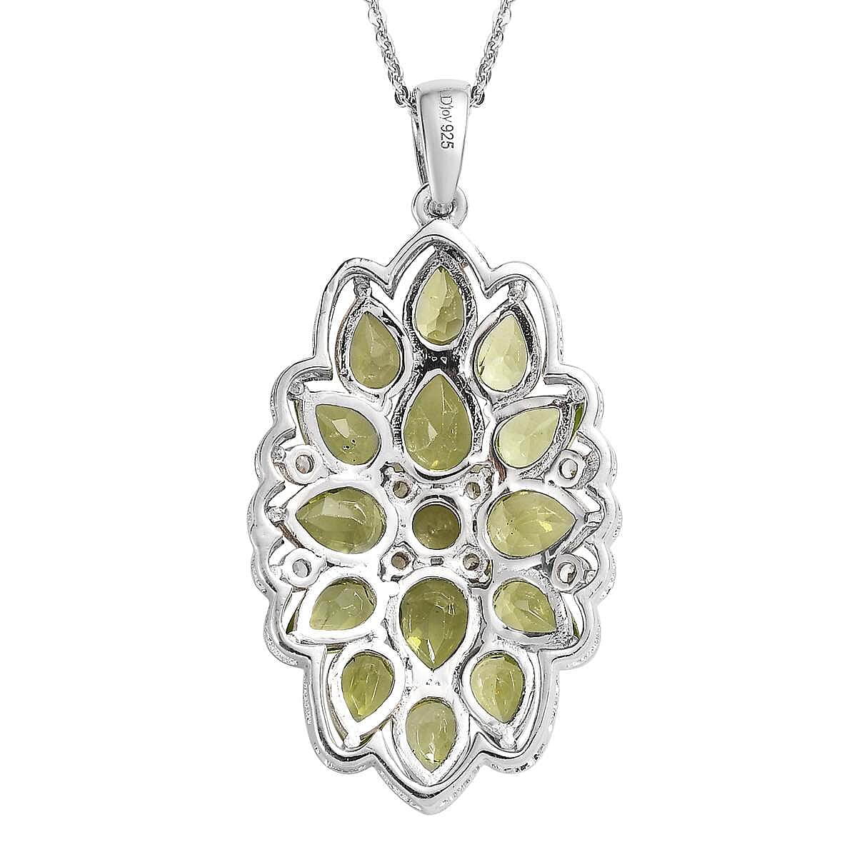 Premium Peridot and White Zircon Floral Pendant Necklace 20 Inches in Platinum Over Sterling Silver 7.85 ctw