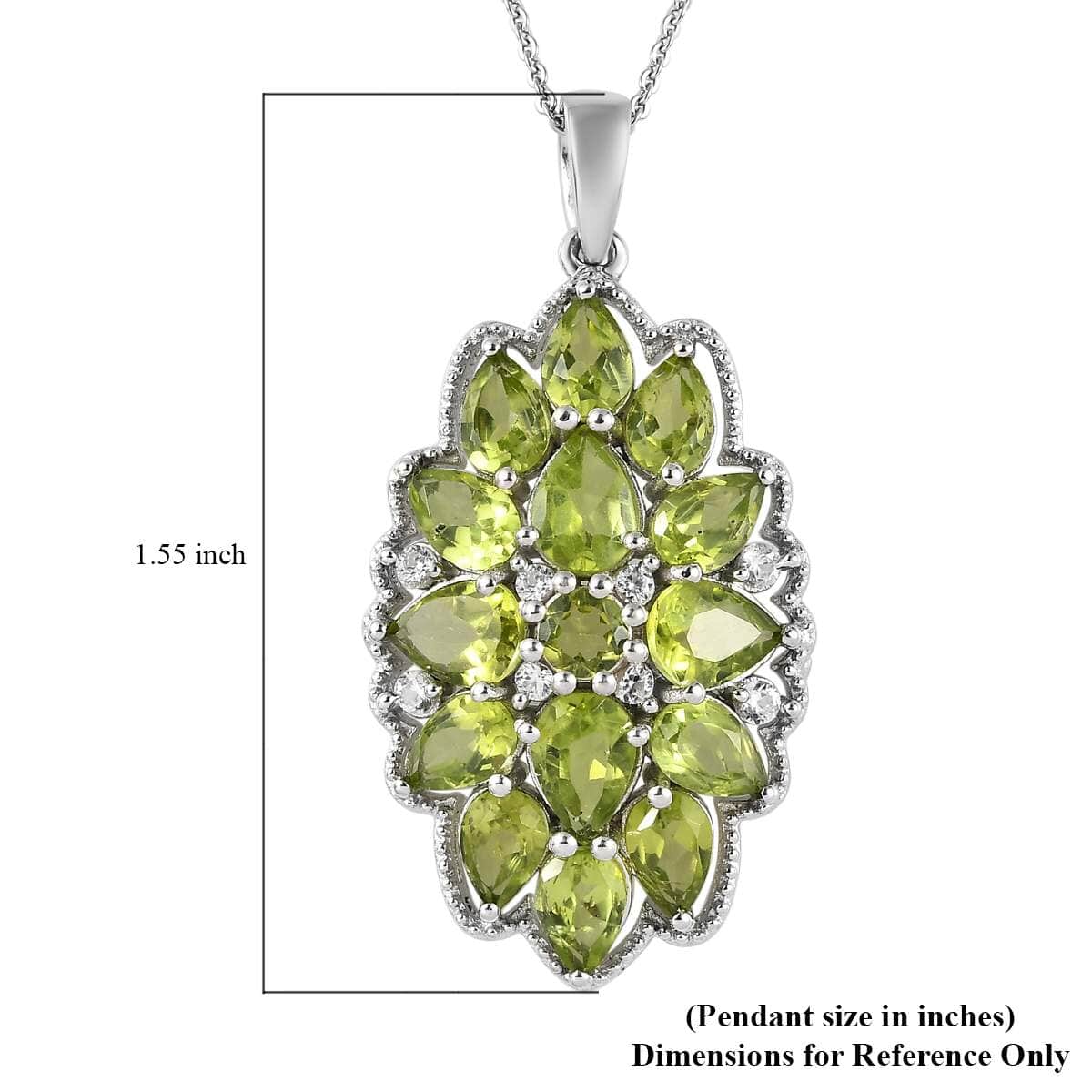 Premium Peridot and White Zircon Floral Pendant Necklace 20 Inches in Platinum Over Sterling Silver 7.85 ctw image number 5