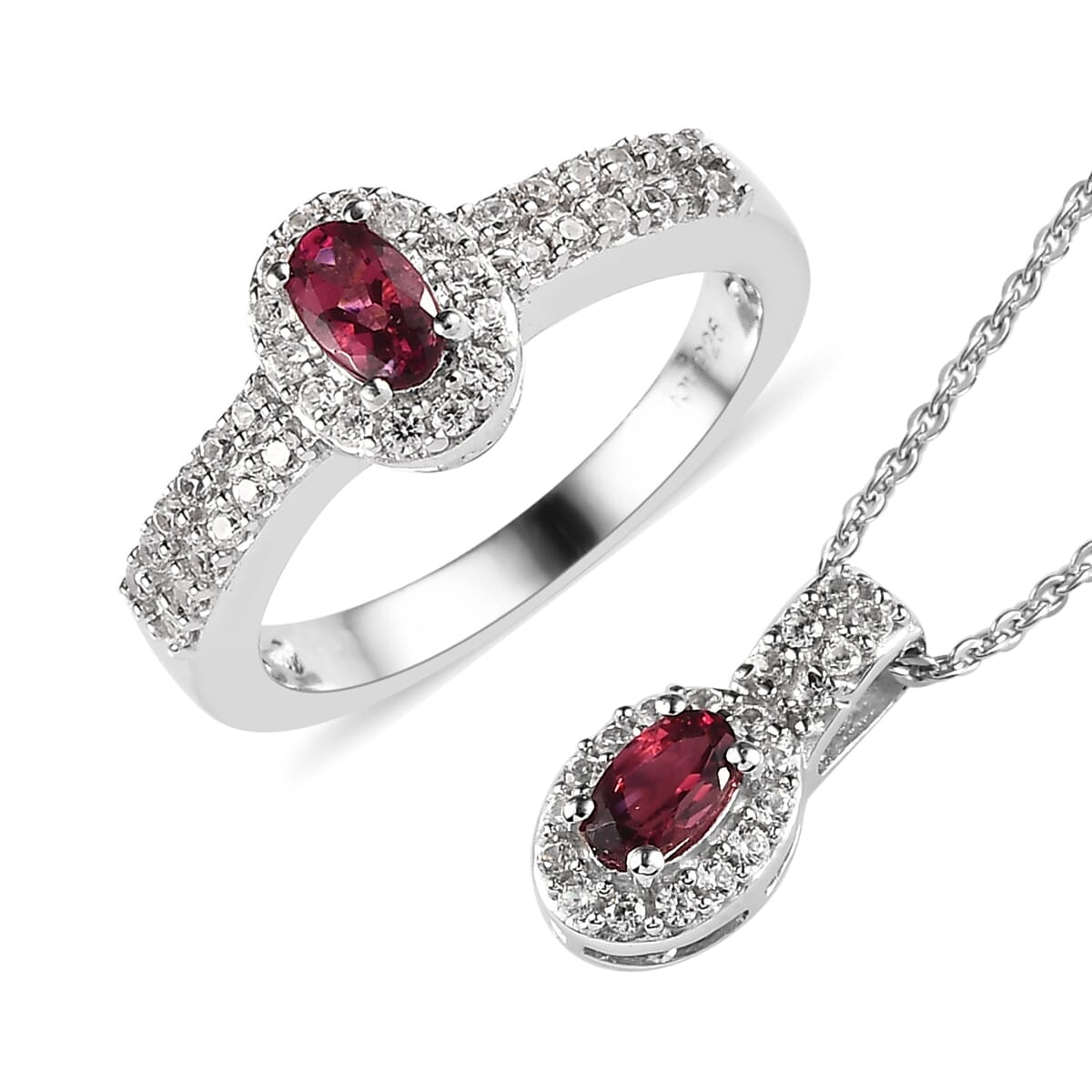 Ouro Fino Rubellite and White Zircon Ring (Size 5.0) and Pendant Necklace 20 Inches in Platinum Over Sterling Silver 1.10 ctw image number 0