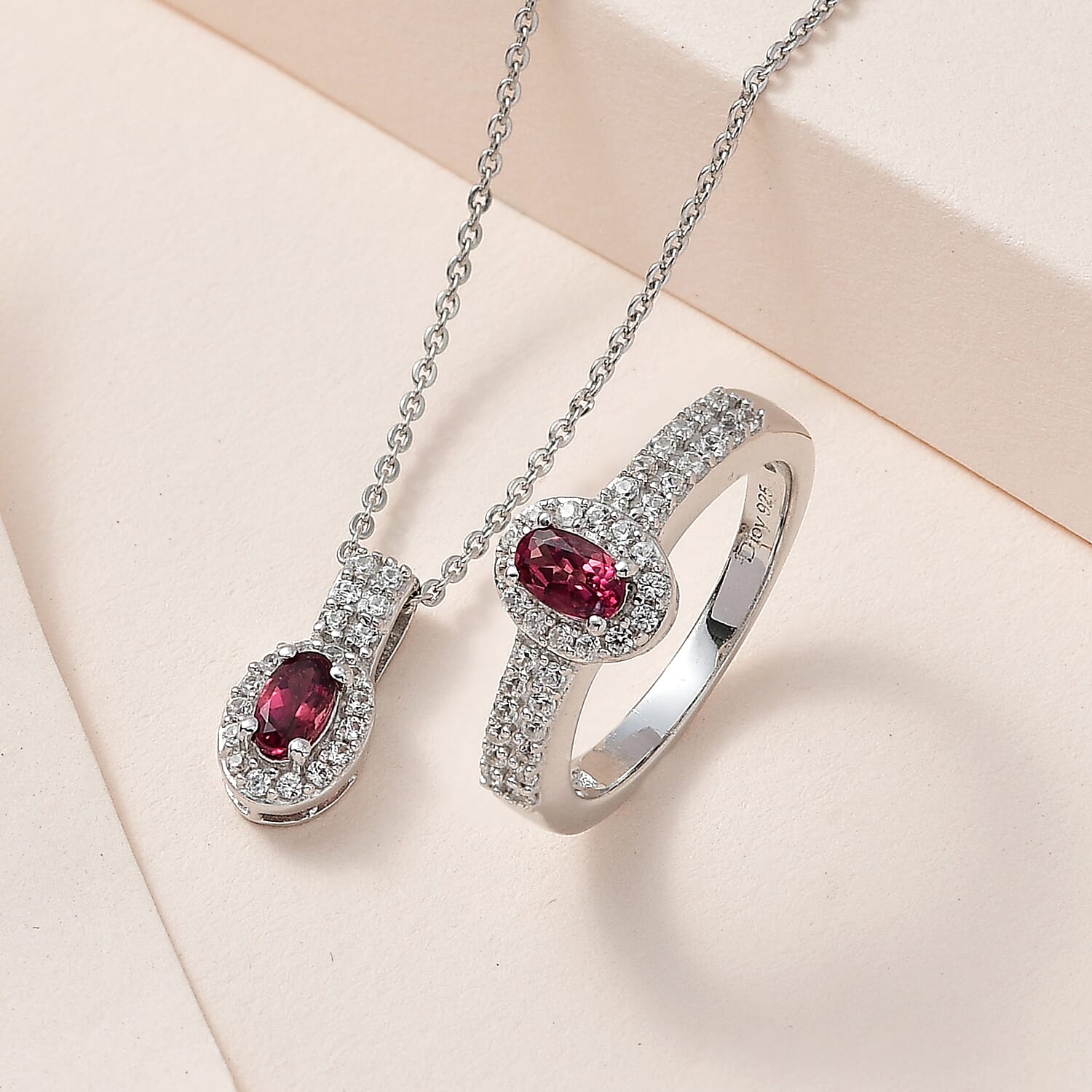 Ouro Fino Rubellite and White Zircon Ring (Size 5.0) and Pendant Necklace 20 Inches in Platinum Over Sterling Silver 1.10 ctw