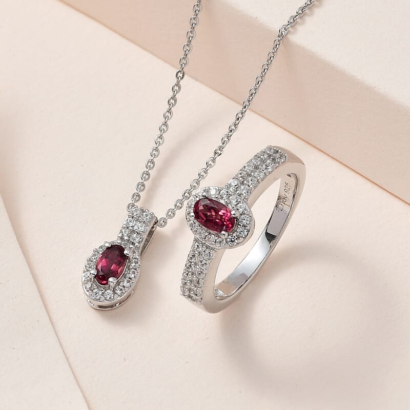 Ouro Fino Rubellite and White Zircon Ring (Size 5.0) and Pendant Necklace 20 Inches in Platinum Over Sterling Silver 1.10 ctw