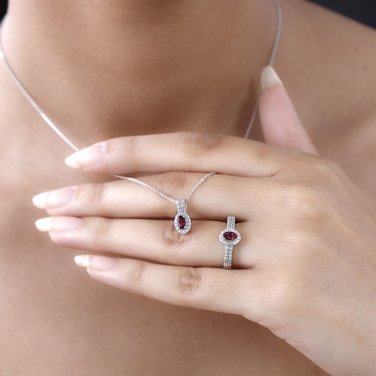 Ouro Fino Rubellite and White Zircon Ring (Size 5.0) and Pendant Necklace 20 Inches in Platinum Over Sterling Silver 1.10 ctw image number 2
