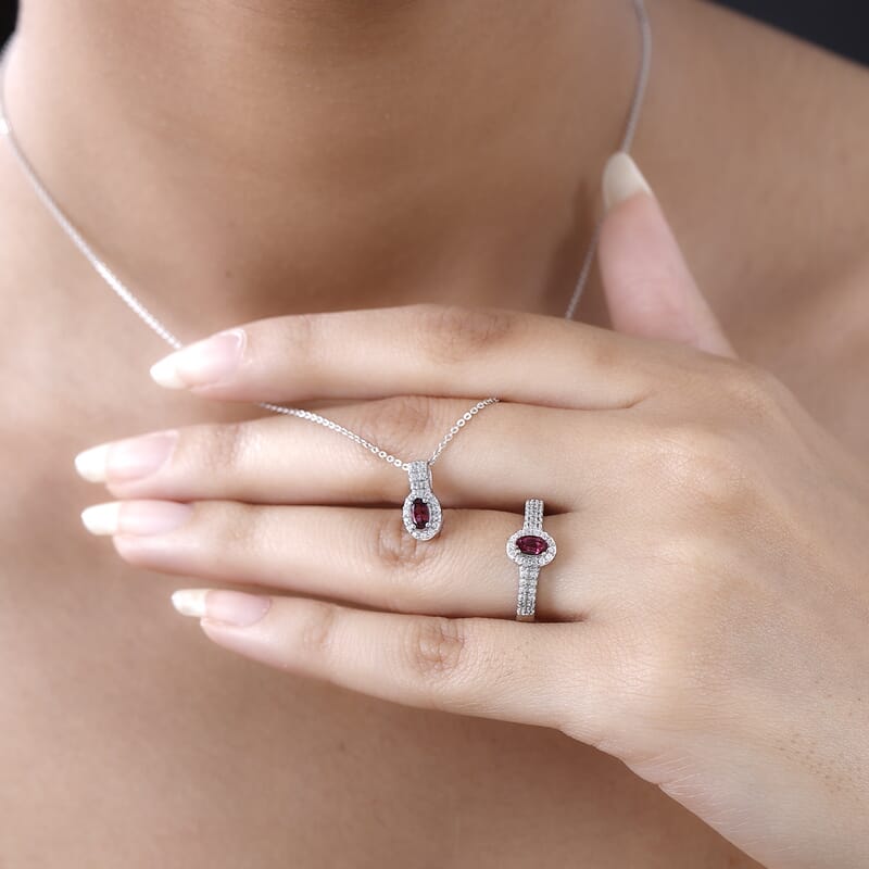 Ouro Fino Rubellite and White Zircon Ring (Size 5.0) and Pendant Necklace 20 Inches in Platinum Over Sterling Silver 1.10 ctw