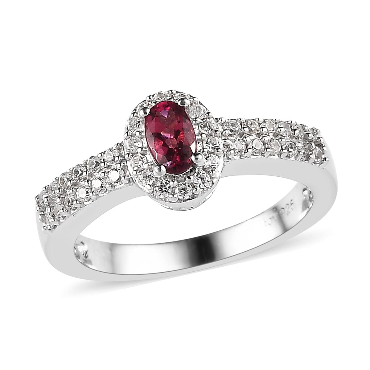 Ouro Fino Rubellite and White Zircon Ring (Size 5.0) and Pendant Necklace 20 Inches in Platinum Over Sterling Silver 1.10 ctw