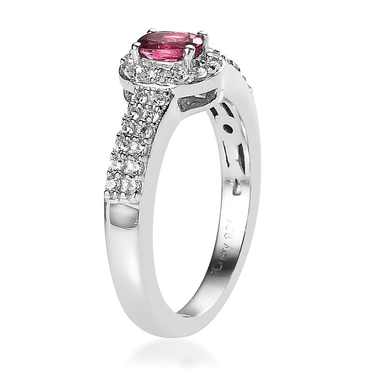 Ouro Fino Rubellite and White Zircon Ring (Size 5.0) and Pendant Necklace 20 Inches in Platinum Over Sterling Silver 1.10 ctw