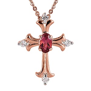 Ouro Fino Rubellite and White Zircon Cross Pendant Necklace 20 Inches in Vermeil Rose Gold Over Sterling Silver 0.35 ctw