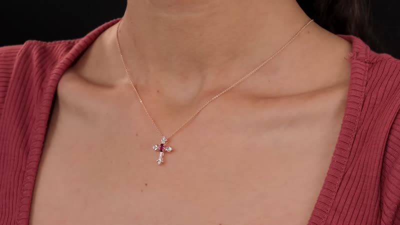 Ouro Fino Rubellite and White Zircon Cross Pendant Necklace 20 Inches in Vermeil Rose Gold Over Sterling Silver 0.35 ctw