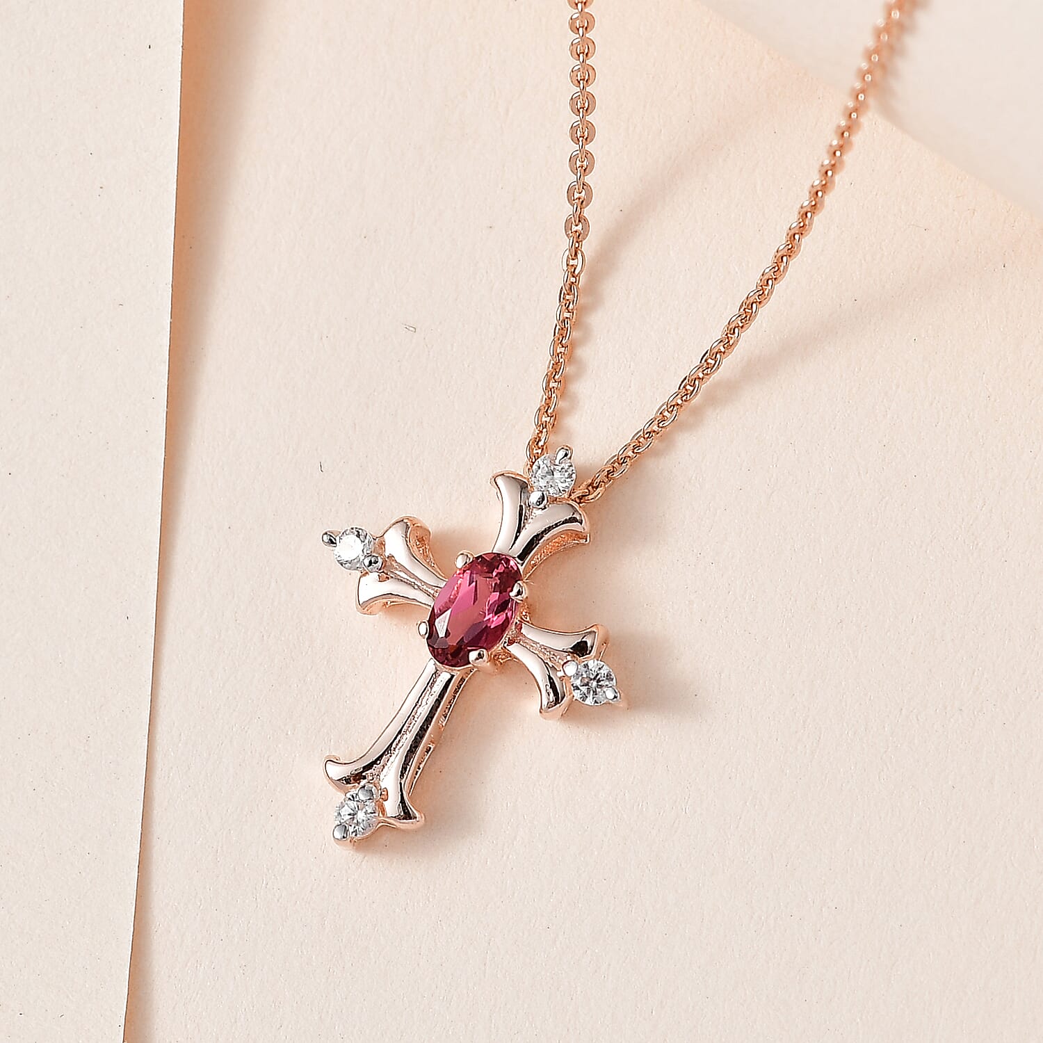 Ouro Fino Rubellite and White Zircon Cross Pendant Necklace 20 Inches in Vermeil Rose Gold Over Sterling Silver 0.35 ctw