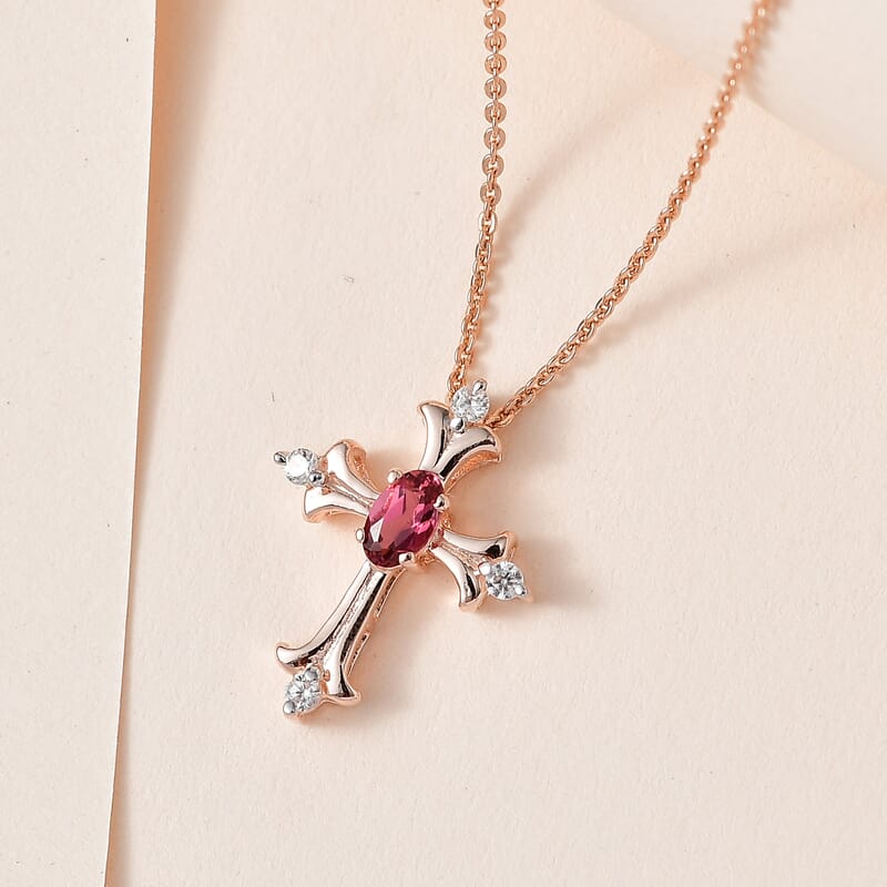 Ouro Fino Rubellite and White Zircon Cross Pendant Necklace 20 Inches in Vermeil Rose Gold Over Sterling Silver 0.35 ctw