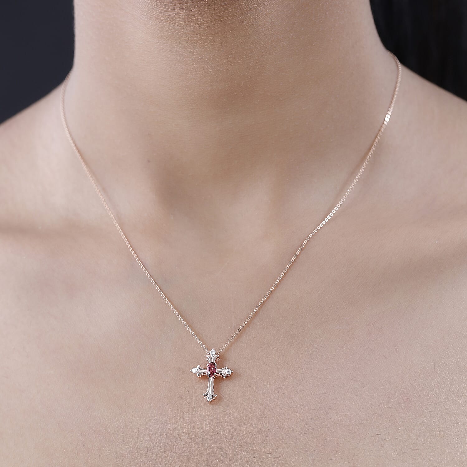 Ouro Fino Rubellite and White Zircon Cross Pendant Necklace 20 Inches in Vermeil Rose Gold Over Sterling Silver 0.35 ctw