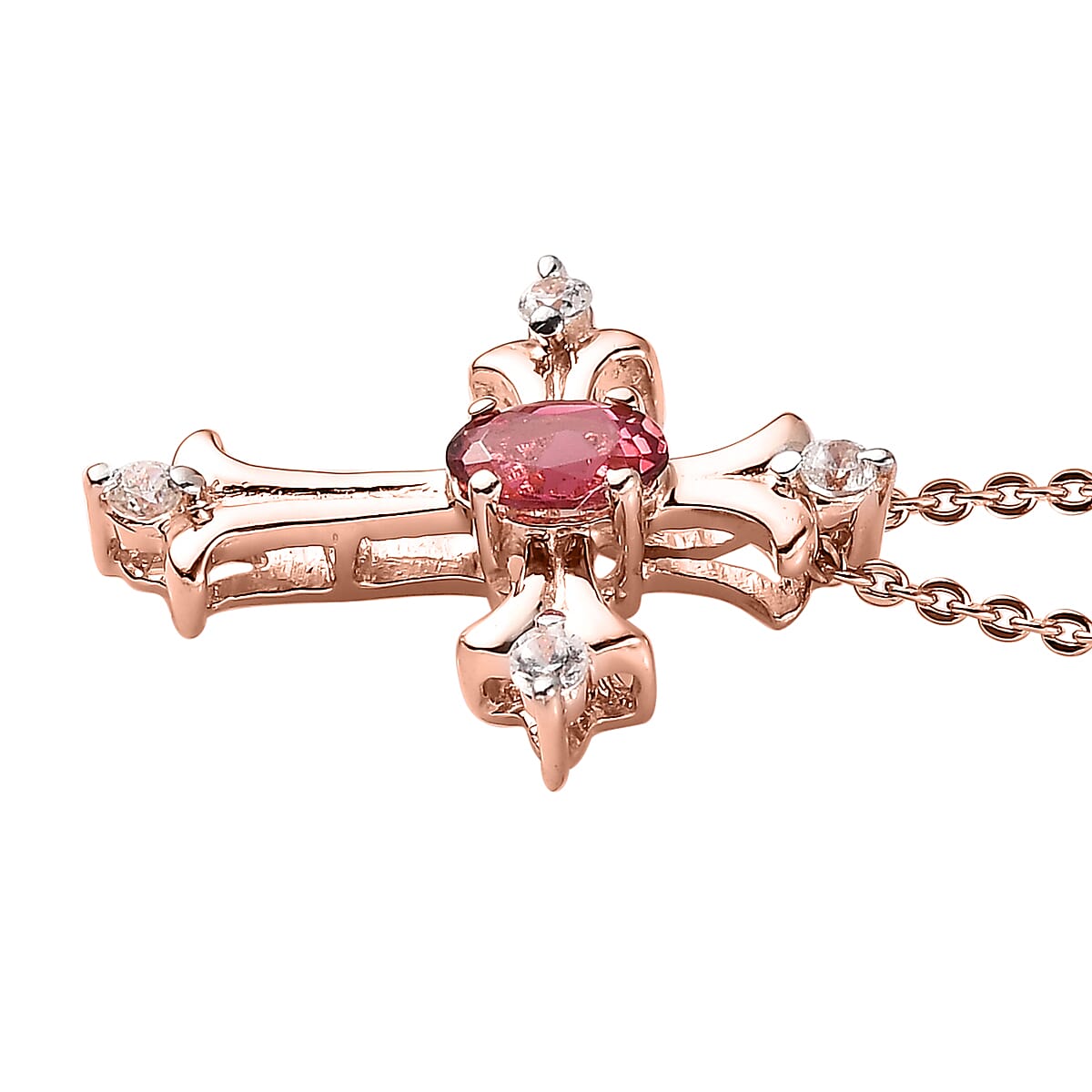 Ouro Fino Rubellite and White Zircon Cross Pendant Necklace 20 Inches in Vermeil Rose Gold Over Sterling Silver 0.35 ctw