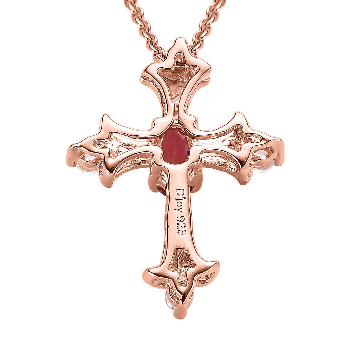 Ouro Fino Rubellite and White Zircon Cross Pendant Necklace 20 Inches in Vermeil Rose Gold Over Sterling Silver 0.35 ctw