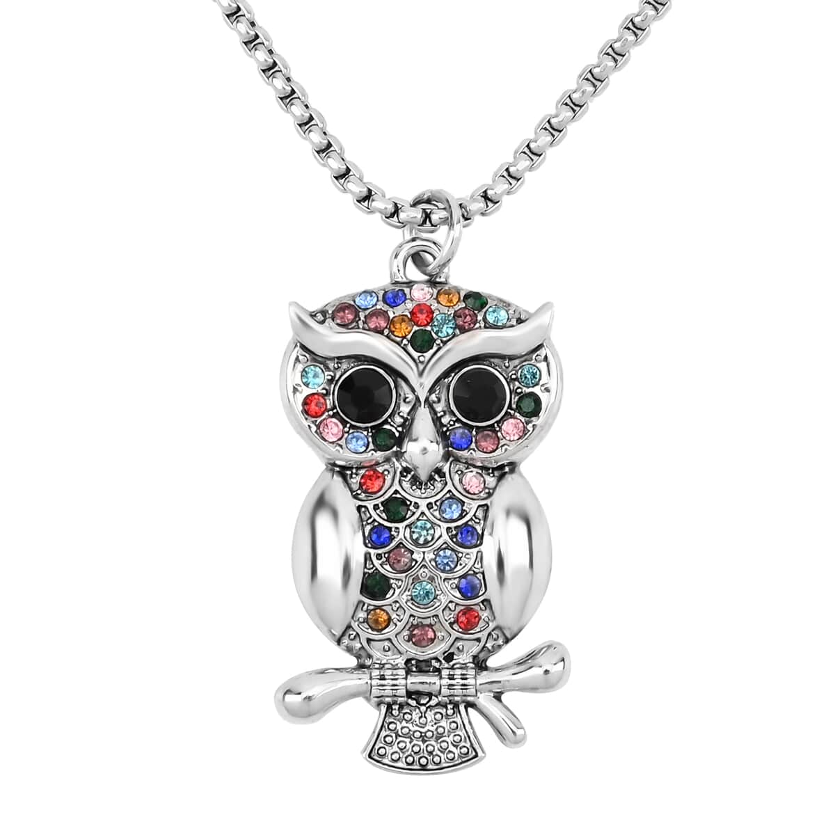 Multi Color Austrian Crystal Owl Pendant Necklace 28-30 Inches in Silvertone image number 0