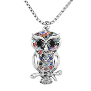 Multi Color Austrian Crystal Owl Pendant Necklace 28-30 Inches in Silvertone