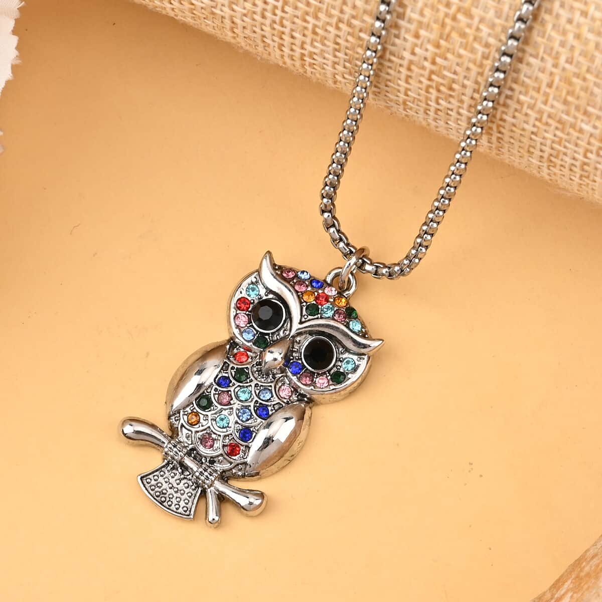 Multi Color Austrian Crystal Owl Pendant Necklace 28-30 Inches in Silvertone image number 1