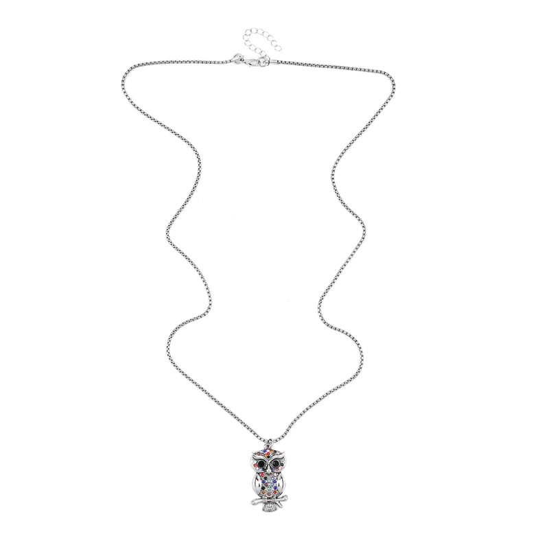 Multi Color Austrian Crystal Owl Pendant Necklace 28-30 Inches in Silvertone