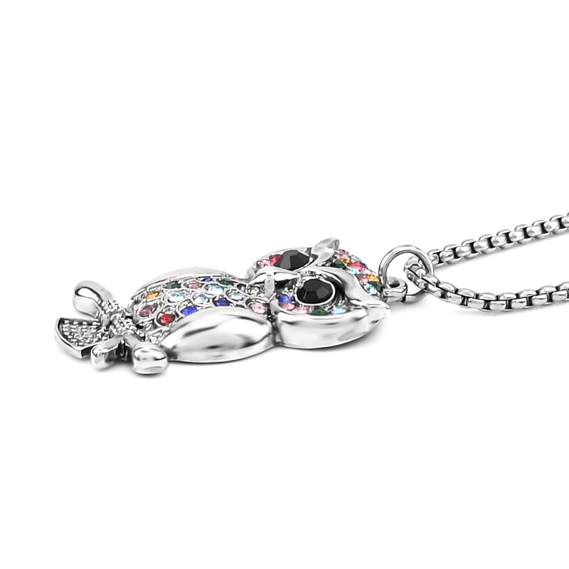 Multi Color Austrian Crystal Owl Pendant Necklace 28-30 Inches in Silvertone