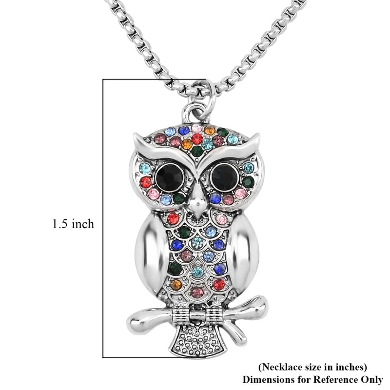 Multi Color Austrian Crystal Owl Pendant Necklace 28-30 Inches in Silvertone