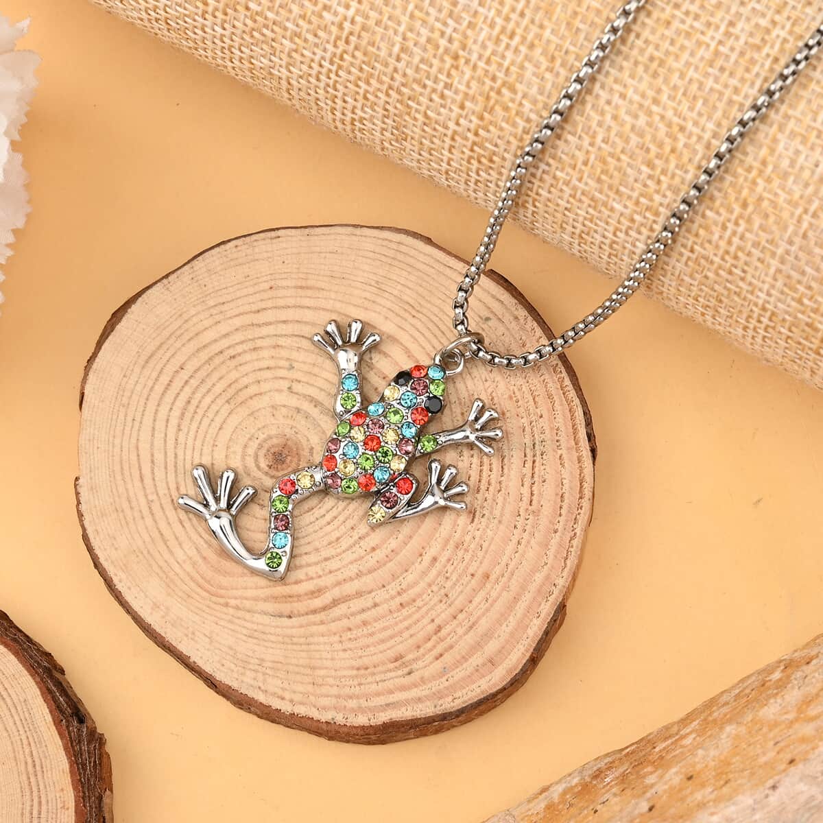 Multi Color Austrian Crystal Frog Pendant Necklace 28-30 Inches in Silvertone image number 1