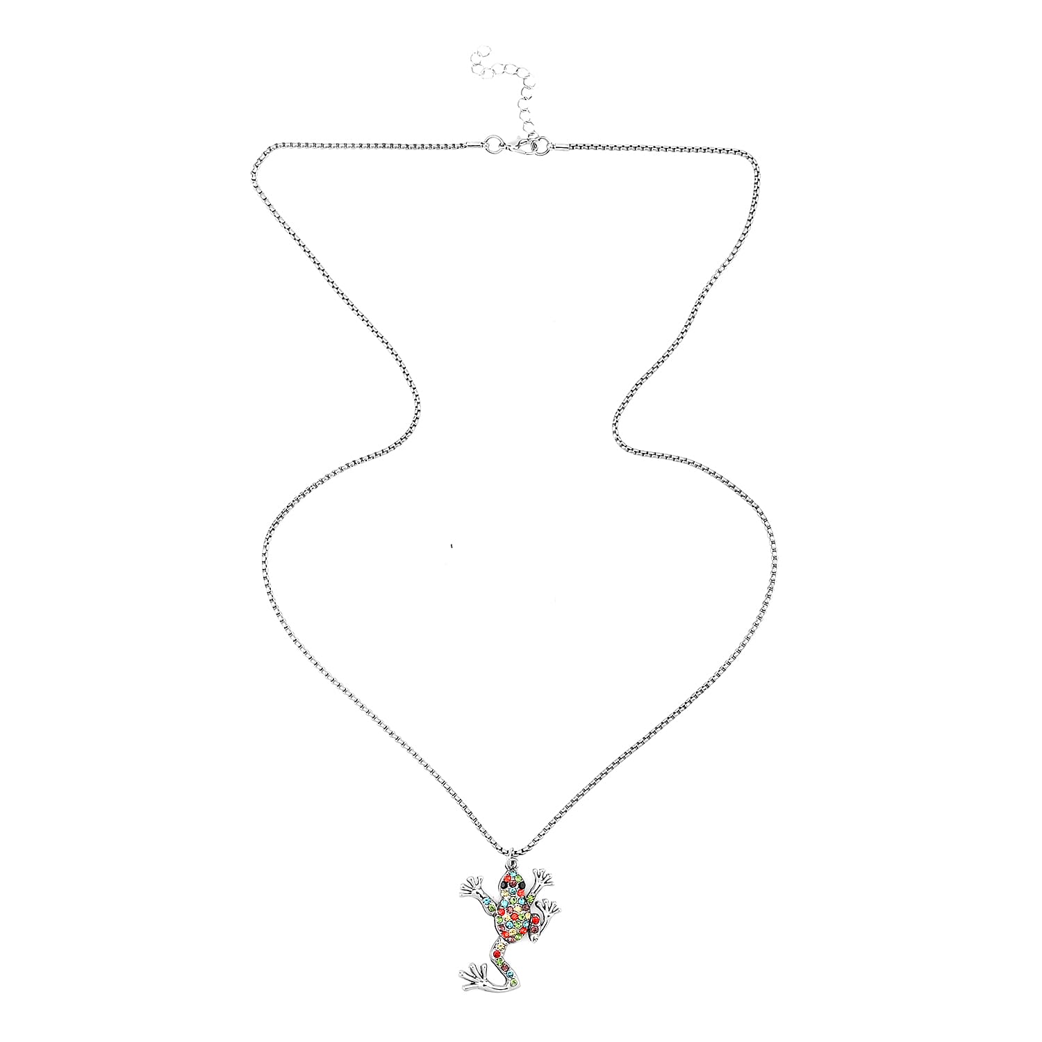 Multi Color Austrian Crystal Frog Pendant Necklace 28-30 Inches in Silvertone