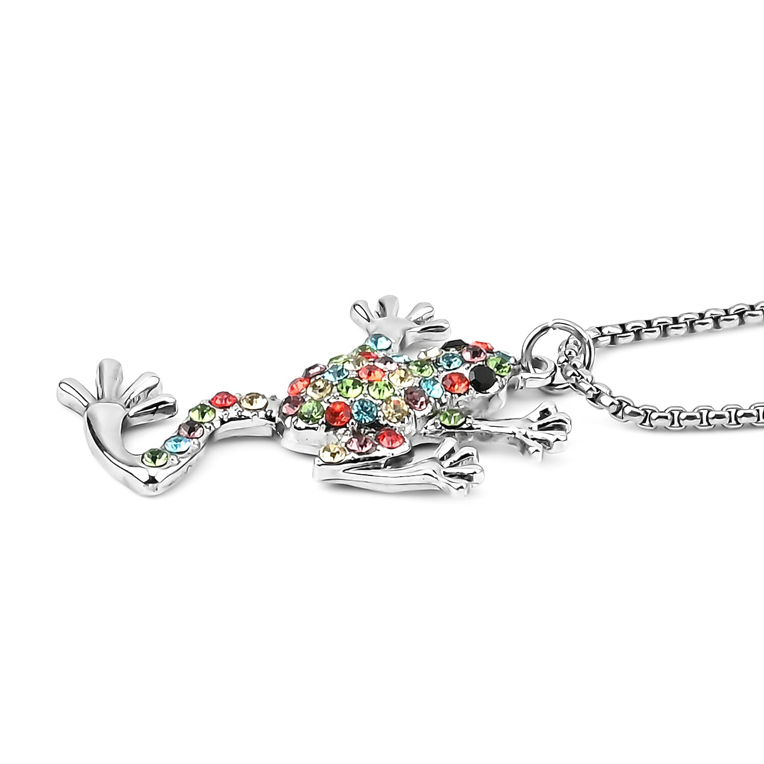 Multi Color Austrian Crystal Frog Pendant Necklace 28-30 Inches in Silvertone