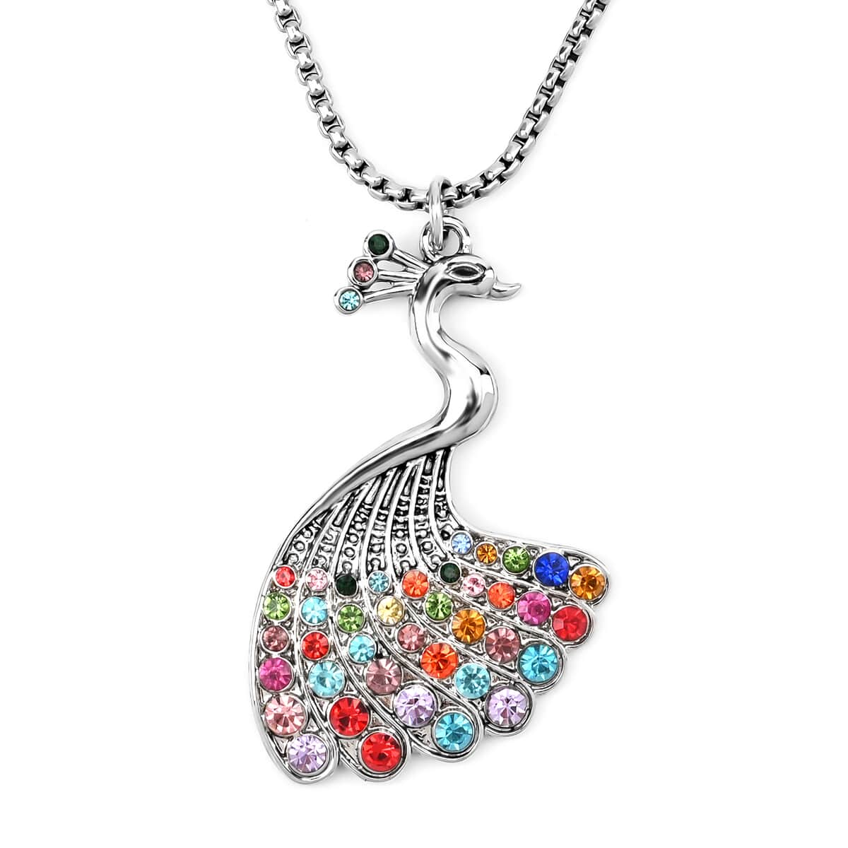 Multi Color Austrian Crystal Peacock Pendant Necklace 28-30 Inches in Silvertone image number 0