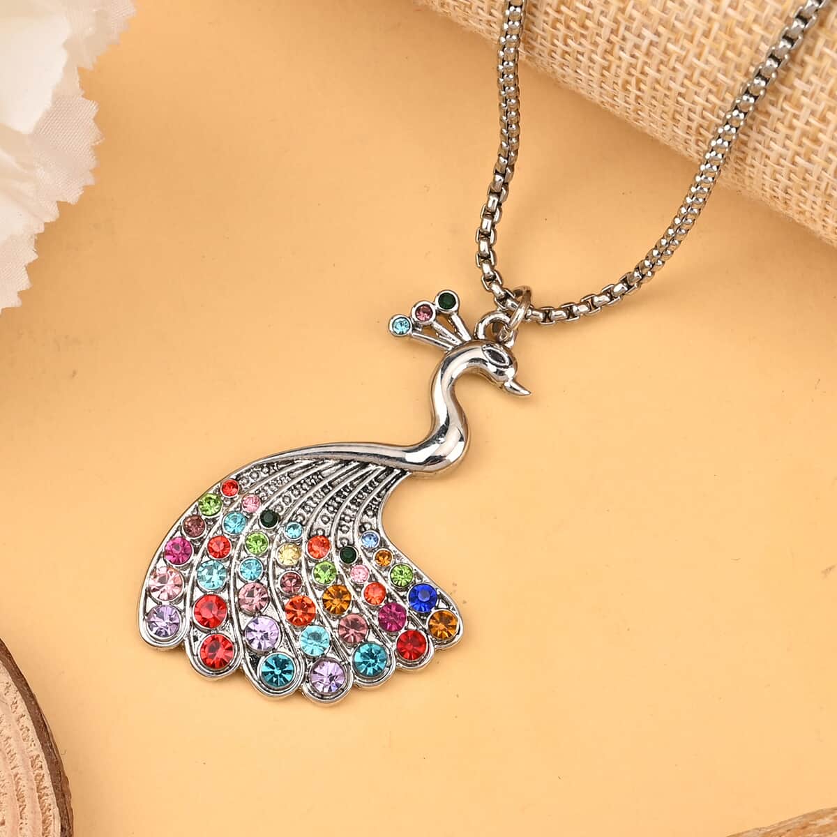 Multi Color Austrian Crystal Peacock Pendant Necklace 28-30 Inches in Silvertone image number 1