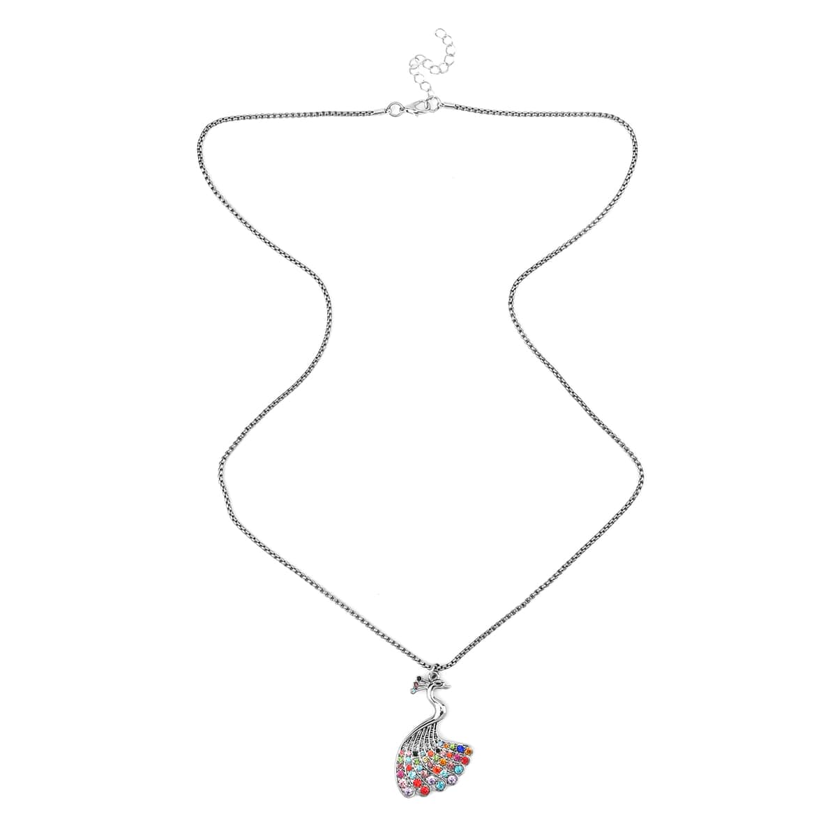 Multi Color Austrian Crystal Peacock Pendant Necklace 28-30 Inches in Silvertone image number 2