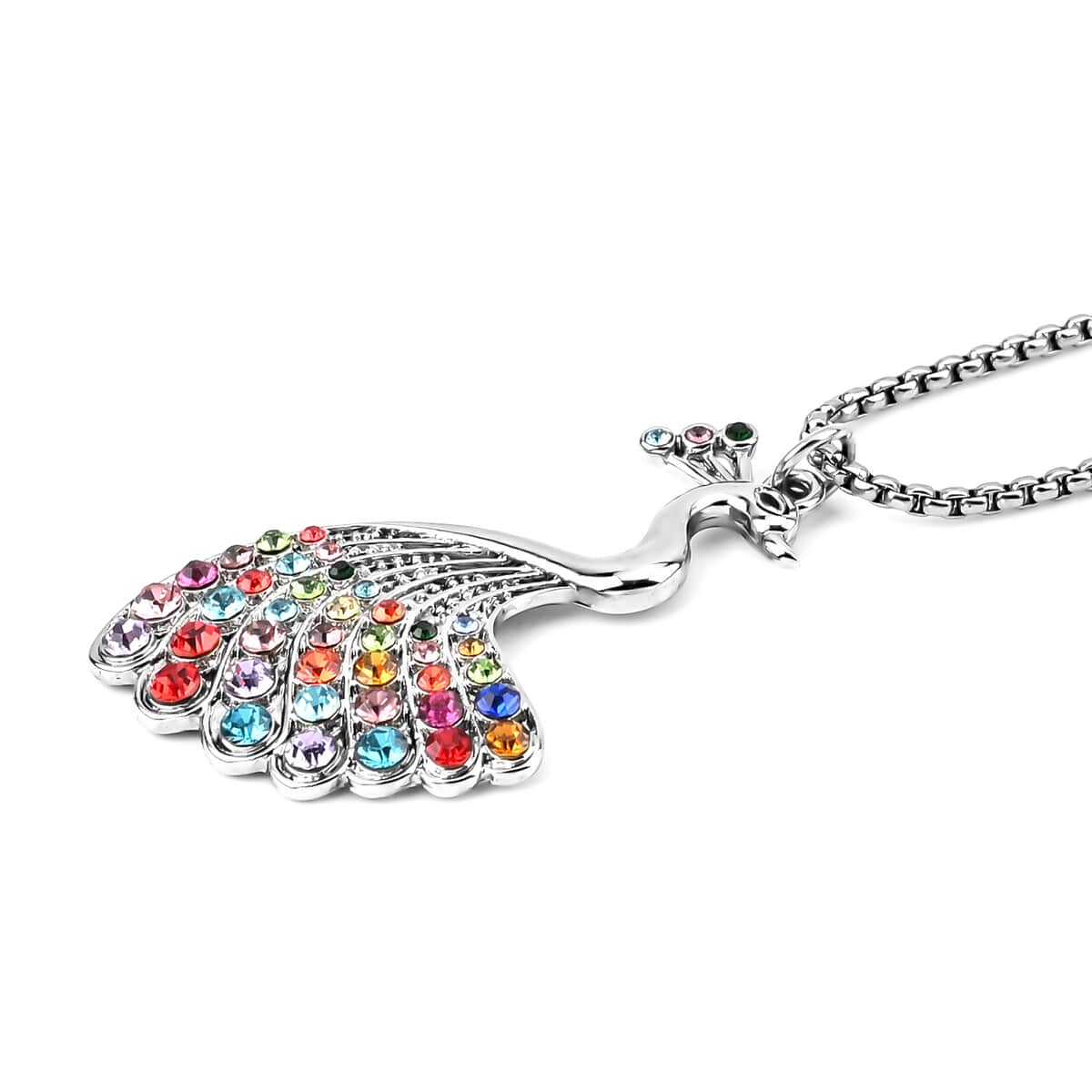 Multi Color Austrian Crystal Peacock Pendant Necklace 28-30 Inches in Silvertone image number 3