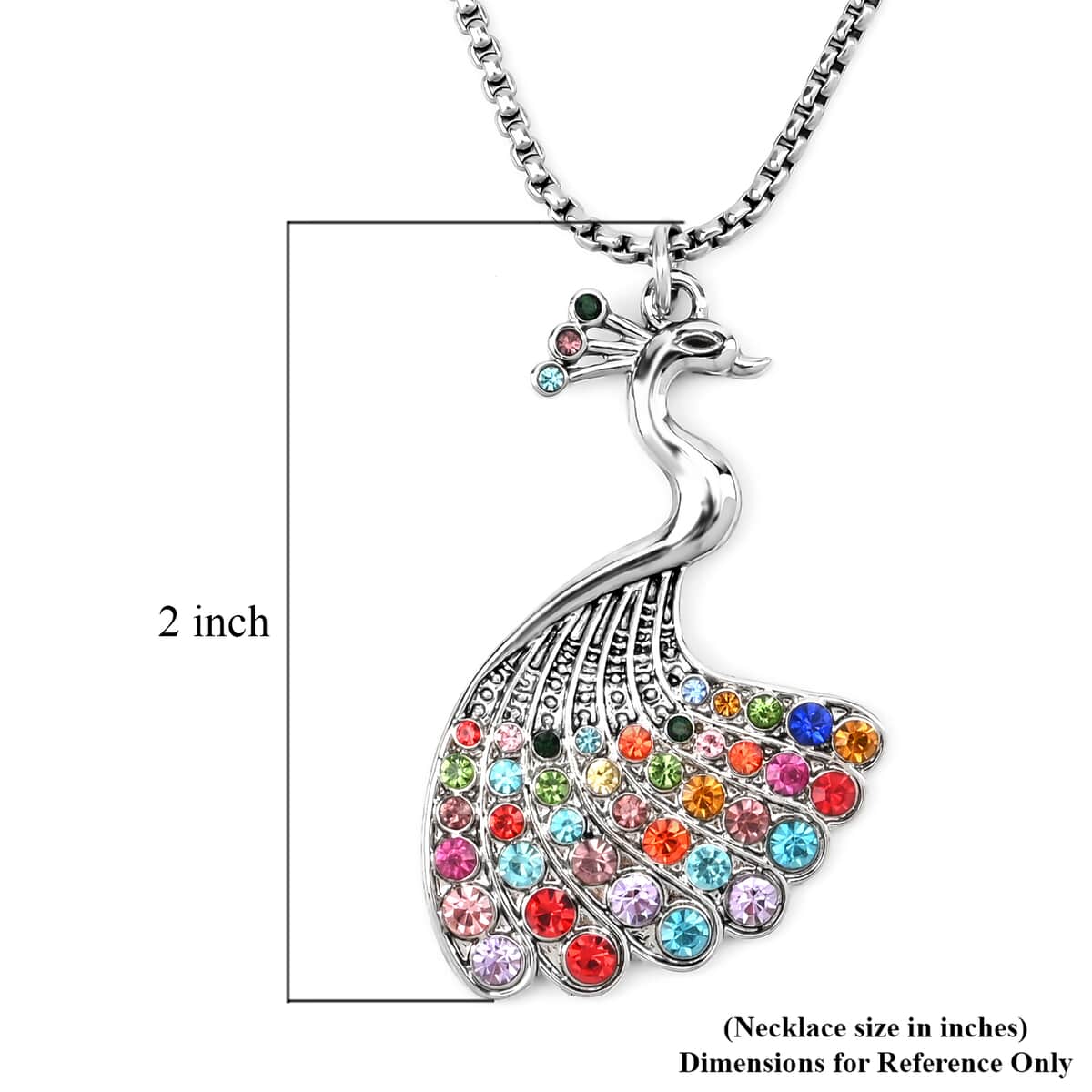 Multi Color Austrian Crystal Peacock Pendant Necklace 28-30 Inches in Silvertone image number 6