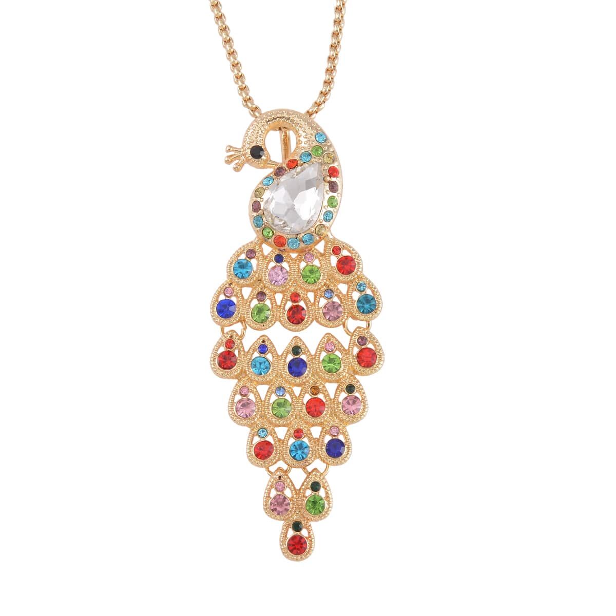 Multi Color Austrian Crystal, Glass Peacock Pendant Necklace 28 Inches in Goldtone image number 0