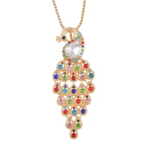 Multi Color Austrian Crystal, Glass Peacock Pendant Necklace 28 Inches in Goldtone