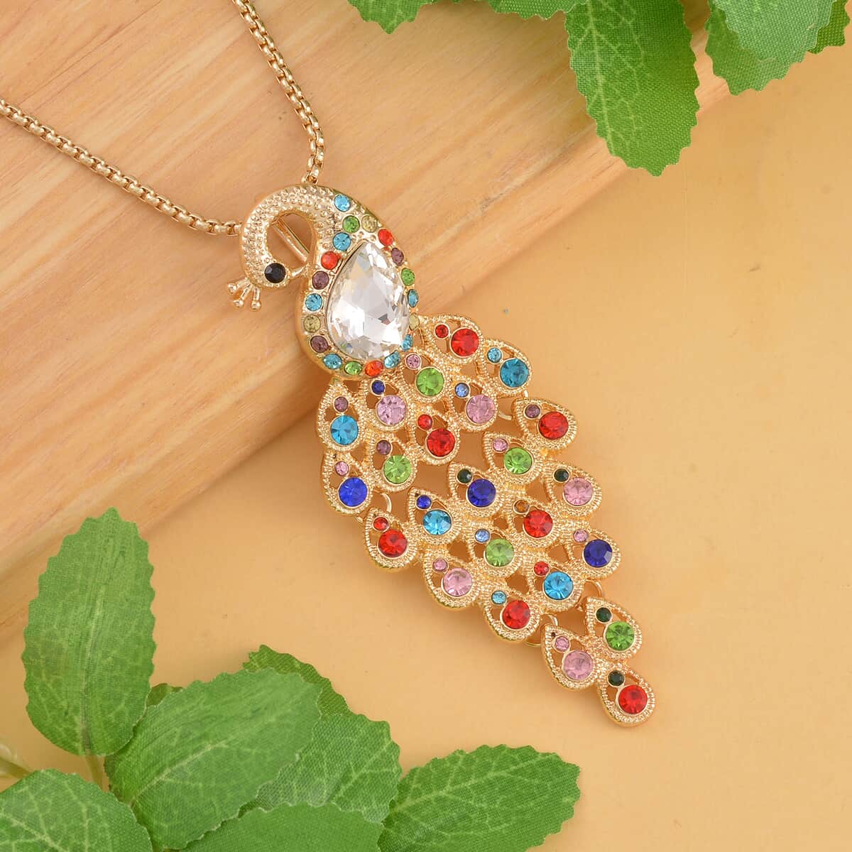 Multi Color Austrian Crystal, Glass Peacock Pendant Necklace 28 Inches in Goldtone image number 1