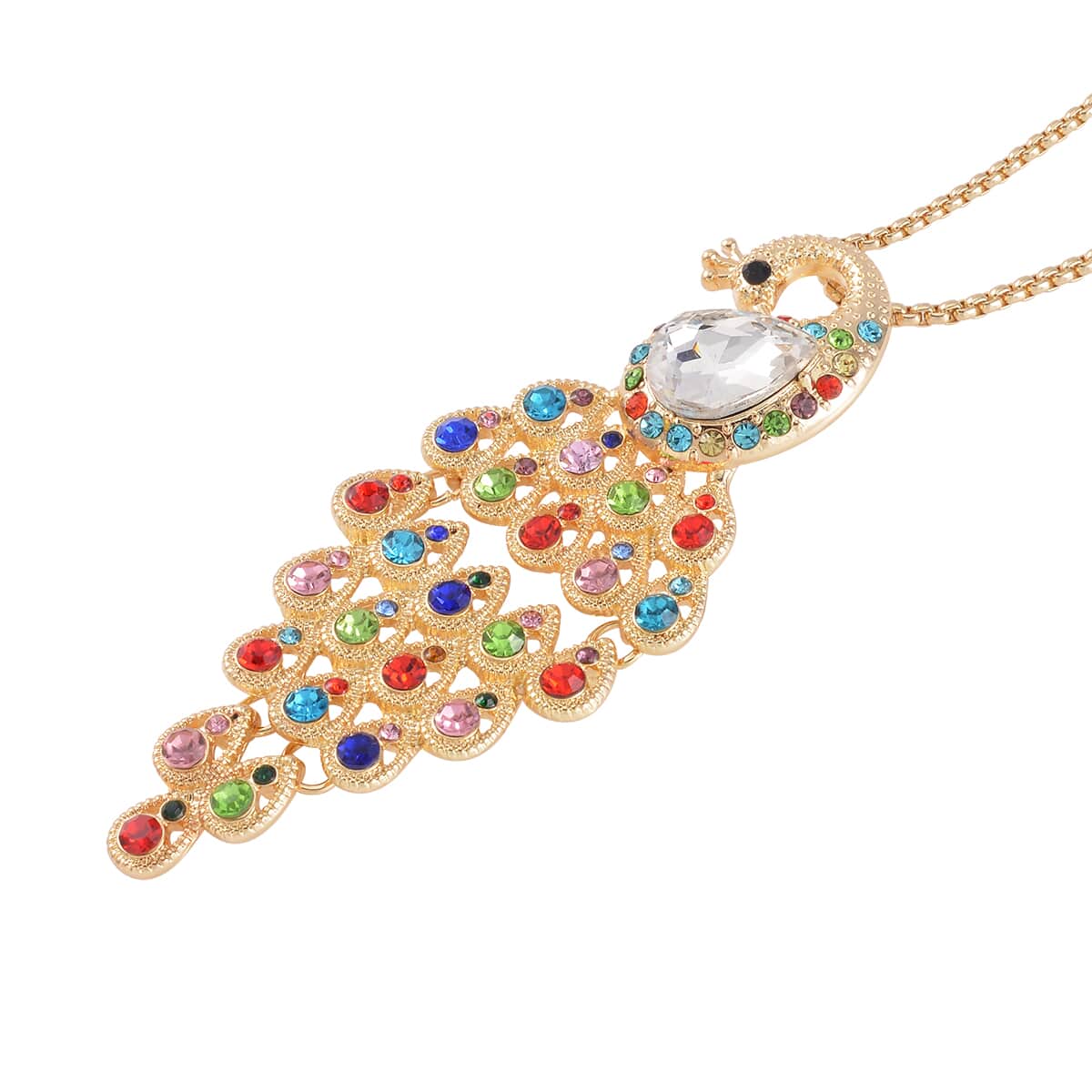 Multi Color Austrian Crystal, Glass Peacock Pendant Necklace 28 Inches in Goldtone image number 2