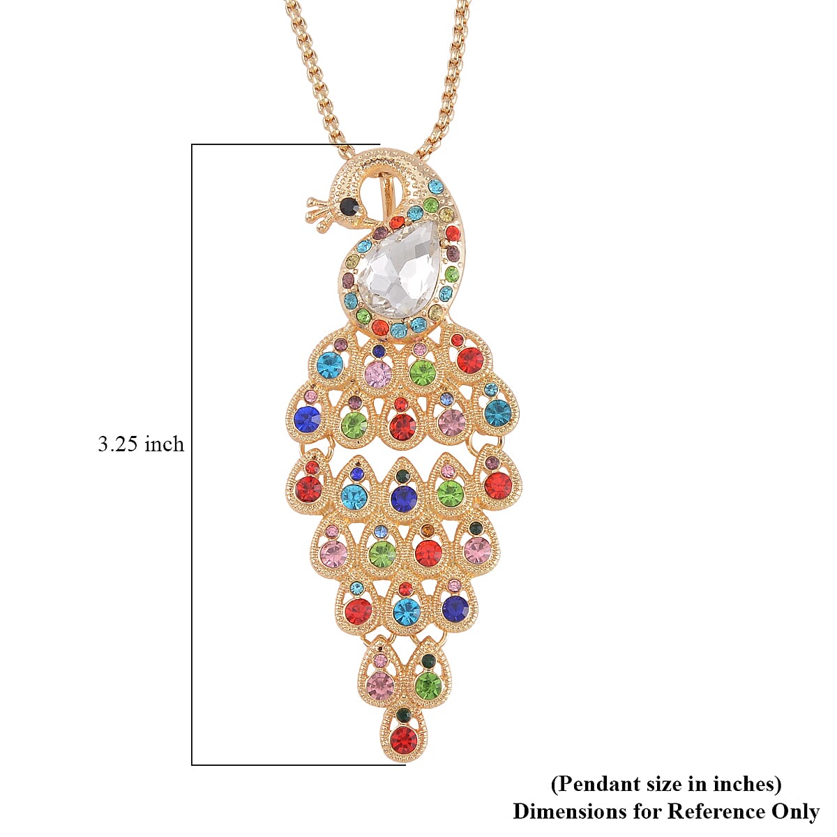 Multi Color Austrian Crystal, Glass Peacock Pendant Necklace 28 Inches in Goldtone