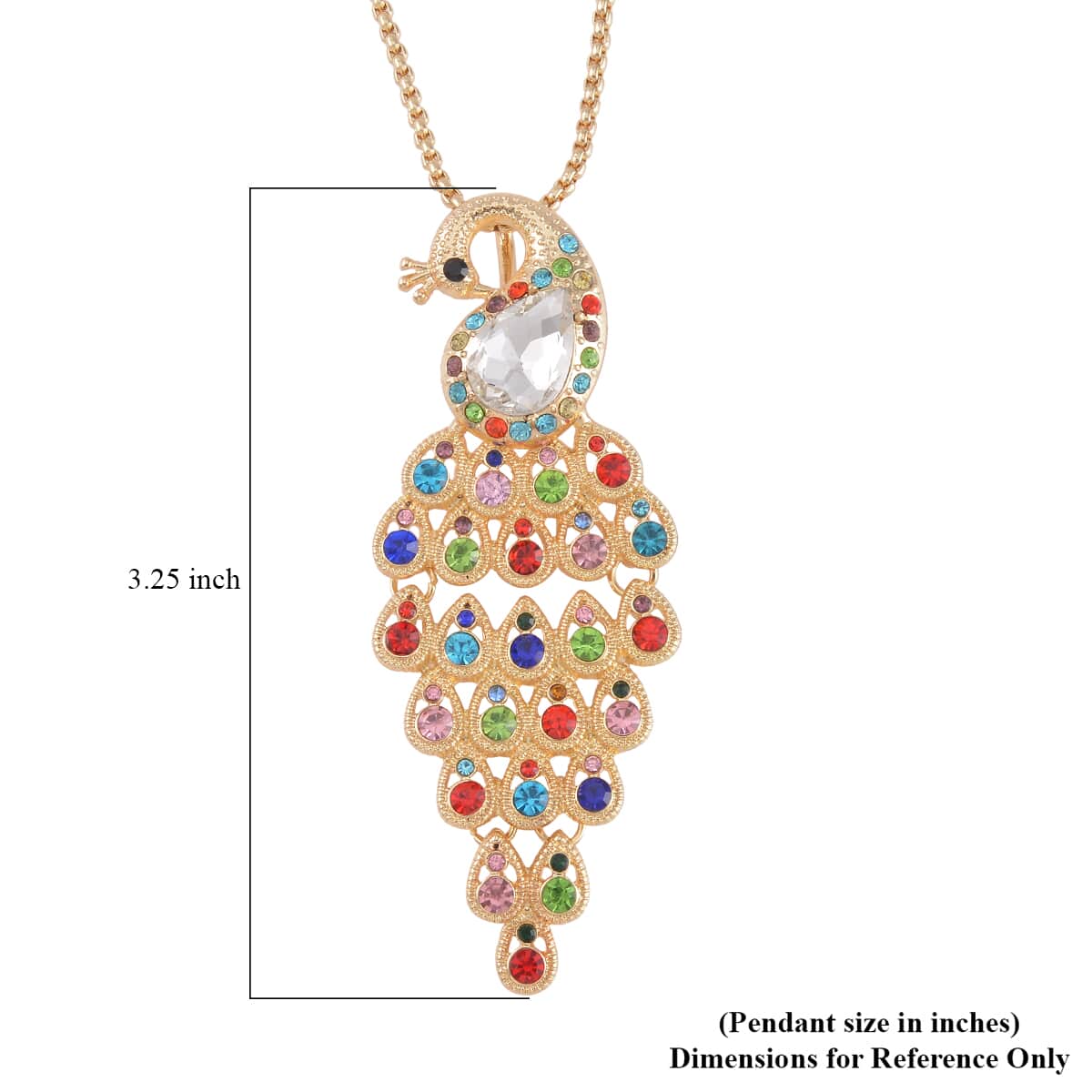 Multi Color Austrian Crystal, Glass Peacock Pendant Necklace 28 Inches in Goldtone image number 4