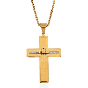 Austrian Crystal Cross Symbol of Faith Men's Pendant Necklace 24 Inches in ION Plated YG Stainless Steel